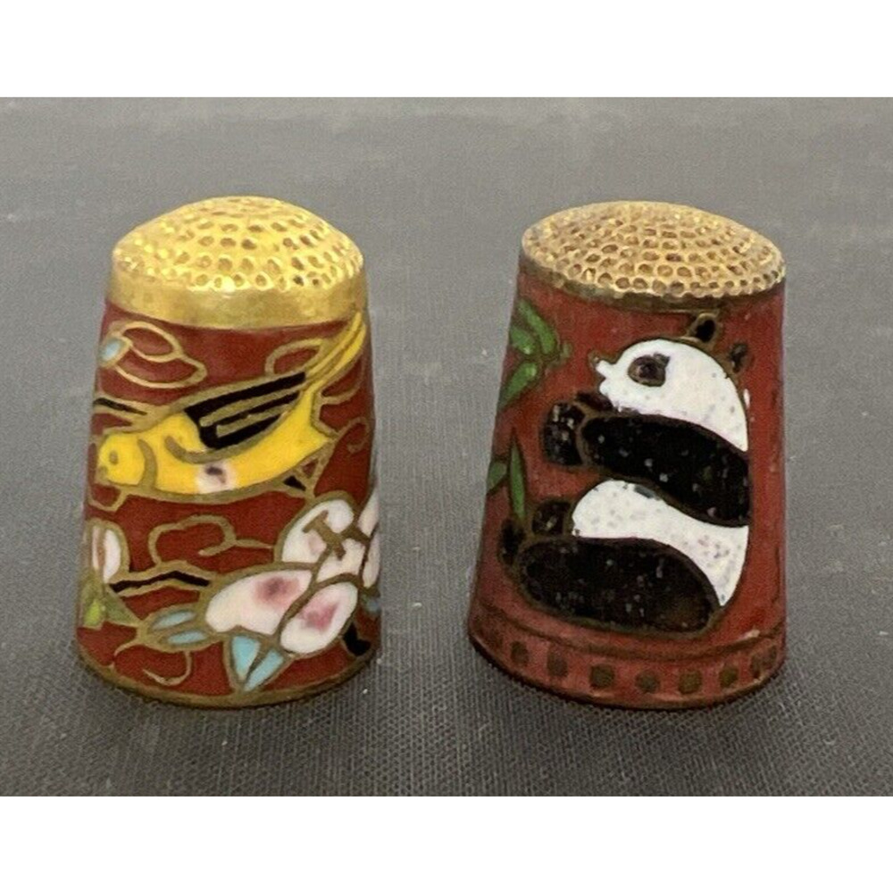 (2) Vintage Sewing Thimble Cloisonne Enameled Red Gold Colorful Pandas Birds FS
